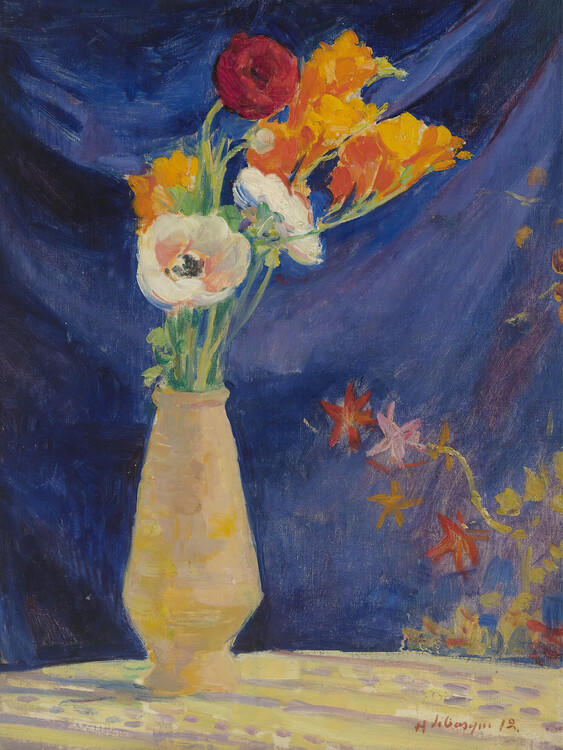 Poster Vase of Anemones on a Navy Blue Background - Henri Lebasque
