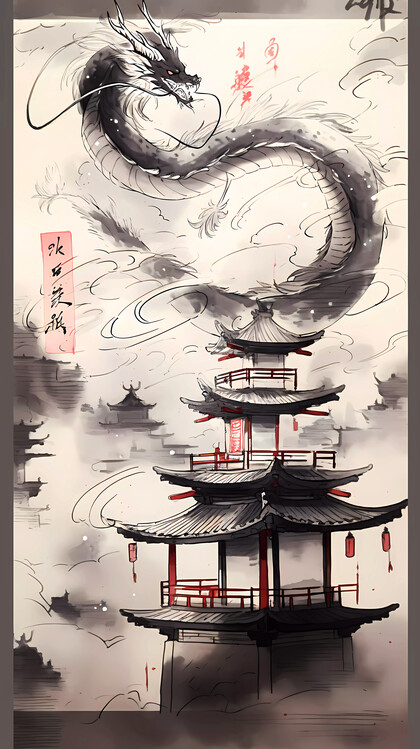 Poster Mystical China: Exploring Pagodas and Dragon Legends