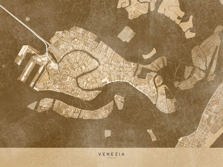 Плакат Map of Venice downtown (Italy) in sepia vintage style