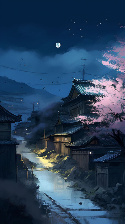 Poster Vintage Japanese Village Landscape Watercolor Painting