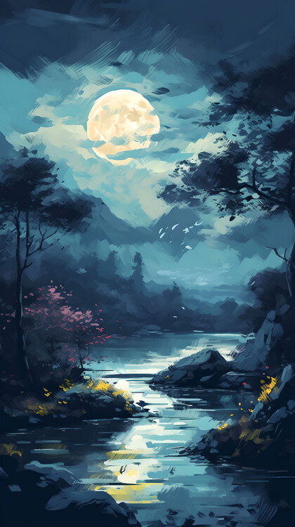 Poster Magical Moonlit Forest - Enchanting Nighttime Fantasy Scene