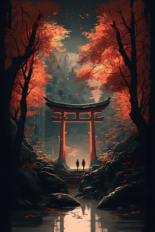 Poster Magical Torii Gate in Autumn Japanese Forest