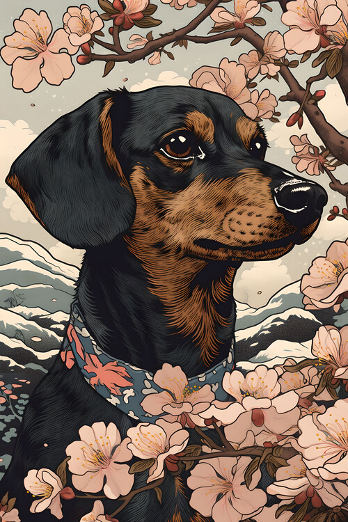 Poster Dachshund and Cherry Blossoms in Traditional Japanese Ukiyo-