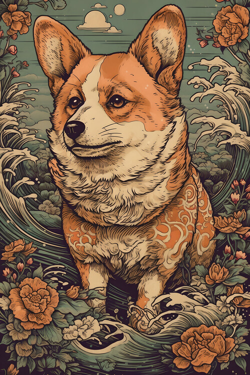 Poster Corgi in the Waves: Traditional Japanese Ukiyo-e Painting
