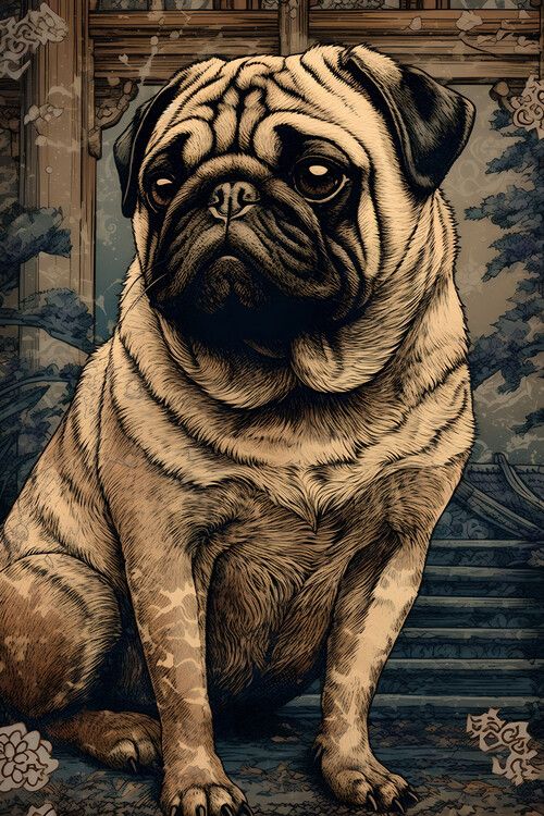 Poster Vintage Japanese Ukiyoe Pug Dog Illustration