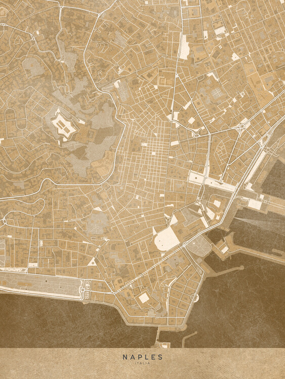 Poster Map of Naples downtown (Italy) in sepia vintage style