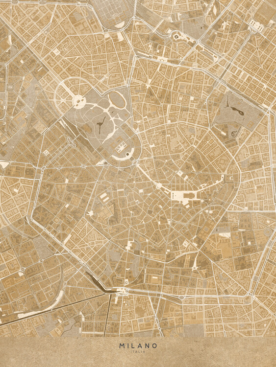Poster Map of Milano downtown (Italy) in sepia vintage style