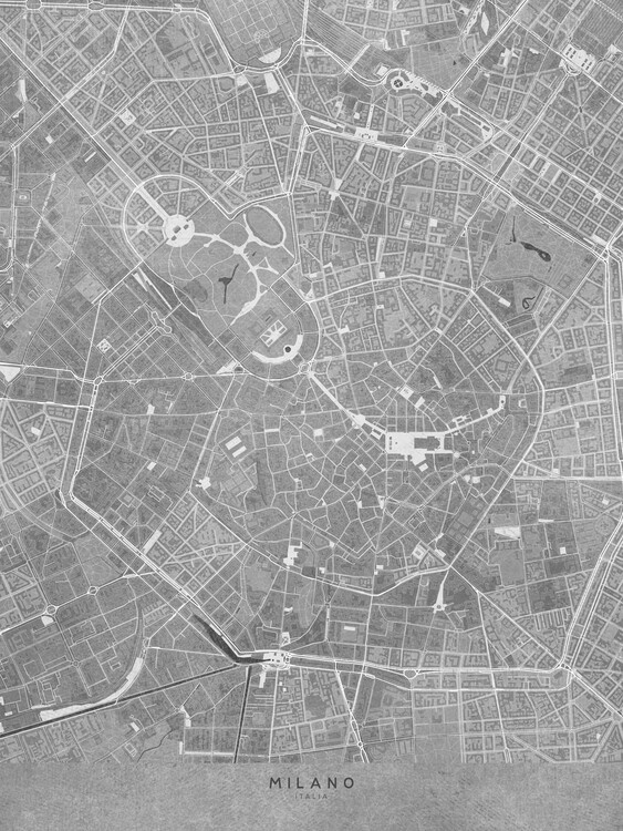 Poster Map of Milano downtown (Italy) in gray vintage style