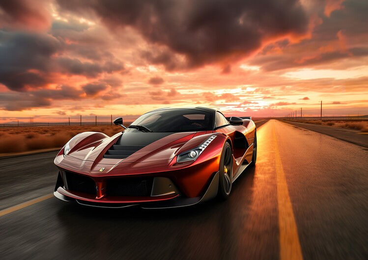 Poster La Ferrari Red Sport Car in Sunset on the Highway