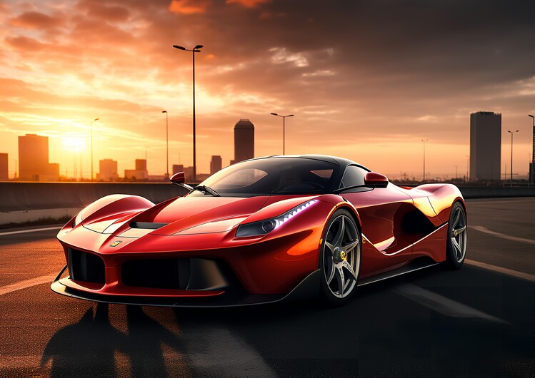 Plakat Red Sportcar Car in a city at sunset