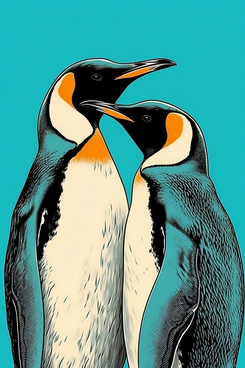 Poster Emperor penguins in a touching head to head embrace