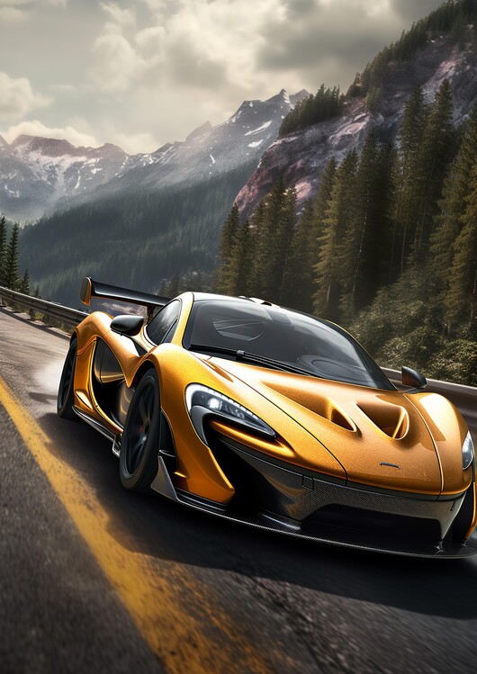Poster McLaren P1 Car racing in the Mountains