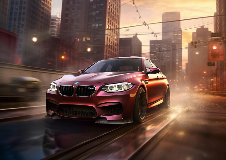 Plakát BMW racing in the City at sunset
