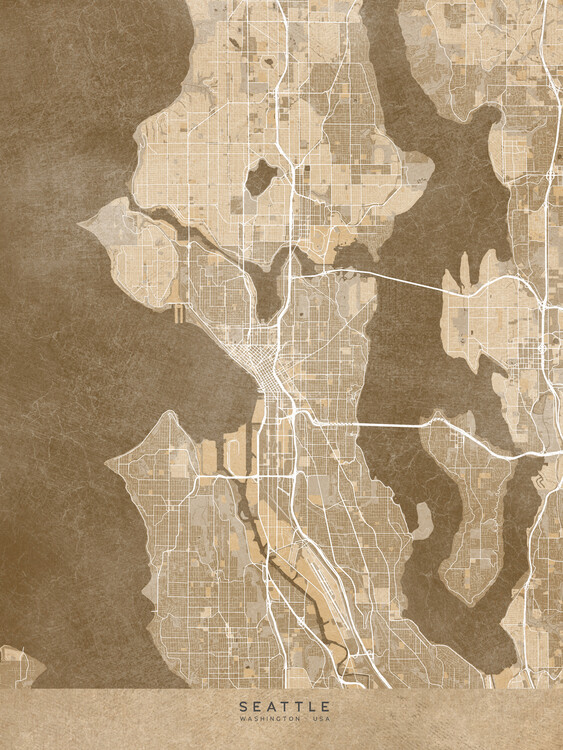 Juliste Map of Seattle (WA, USA) in sepia vintage style