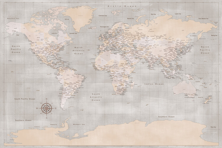 Poster Zalika world map with cities and Antarctica