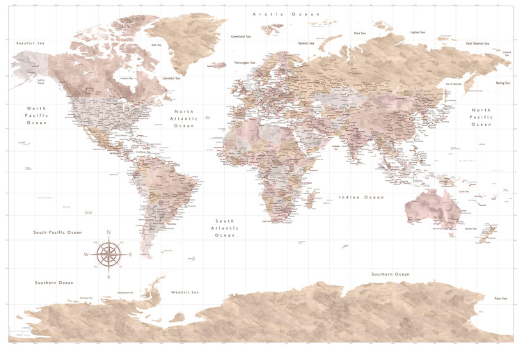 Poster Abey watercolor world map with cities and Antarctica