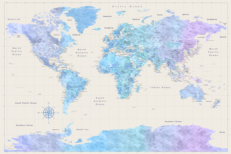 Poster Martinah watercolor world map with cities and Antarctica