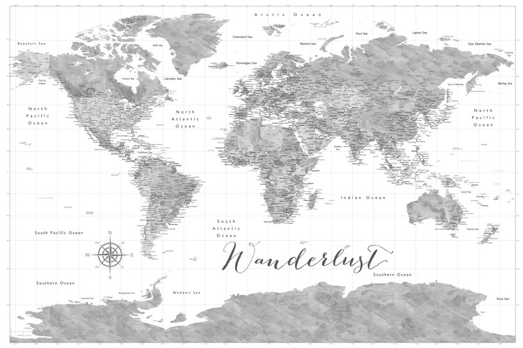 Poster Wanderlust world map with cities and Antarctica, Jimmy