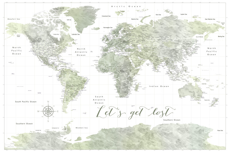 Poster Let's get lost watercolor world map with cities & Antarctica