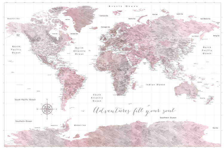 Poster Adventures fill your soul, Aviva world map with cities