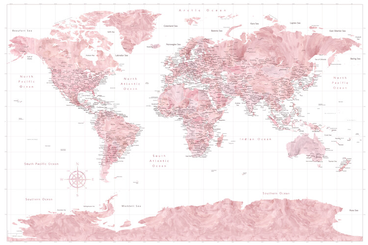 Poster Light pink watercolor world map with cities and Antarctica