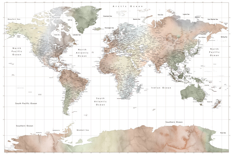 Poster Watercolor world map with cities and Antarctica, Cleo