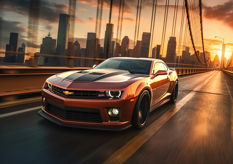 Plakát Camaro Muscle Car in the City Skyline Sunset