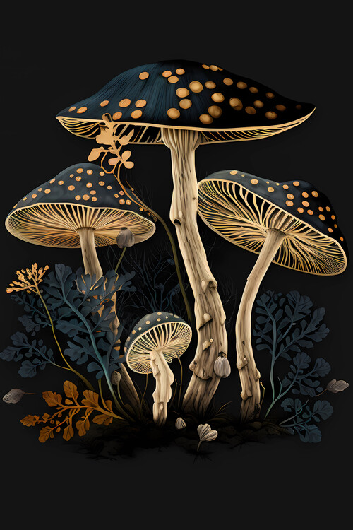 Poster Glowing Mushrooms on Black Background