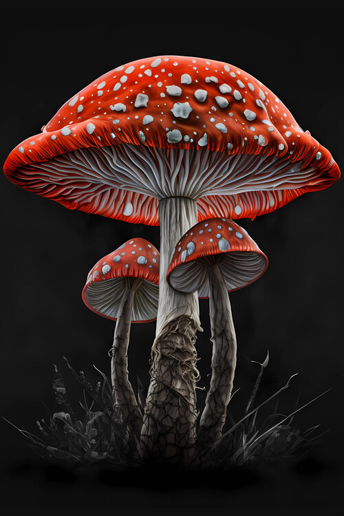 Poster Poisonous Red Mushrooms on Black Background