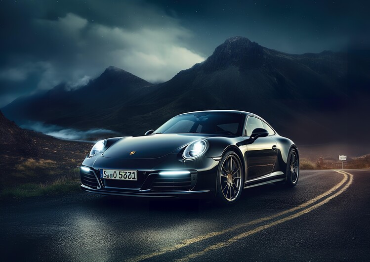 Plakát Porsche 911 Carrera Car Mountain Road at Night