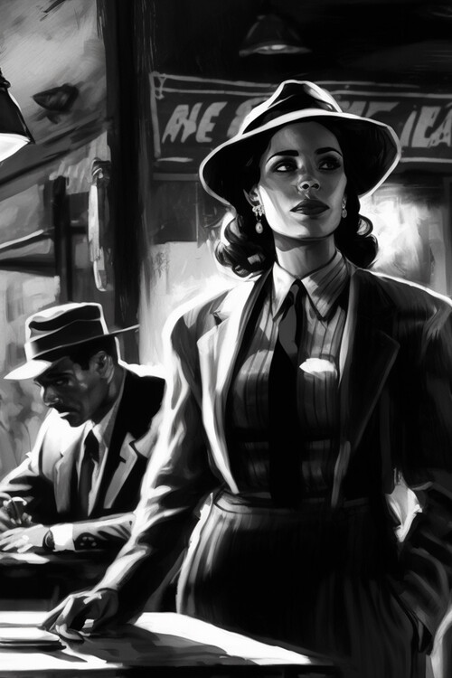 Poster Black and White Woman Detective in the Bar