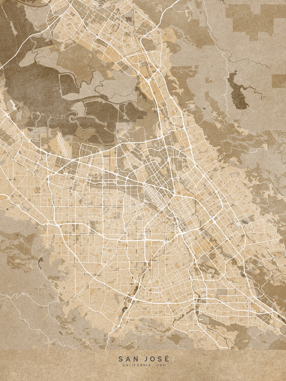 Juliste Map of San Jose (CA, USA) in sepia vintage style