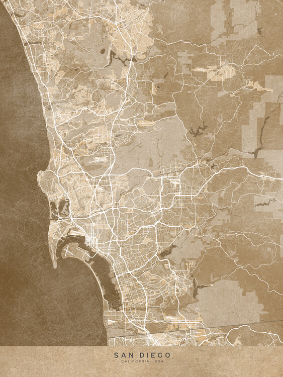 Juliste Map of San Diego (CA, USA) in sepia vintage style