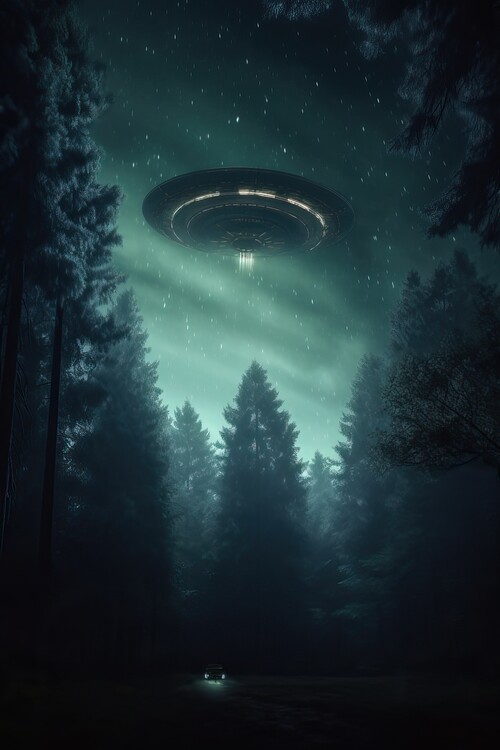 Плакат Flying saucer between trees at night