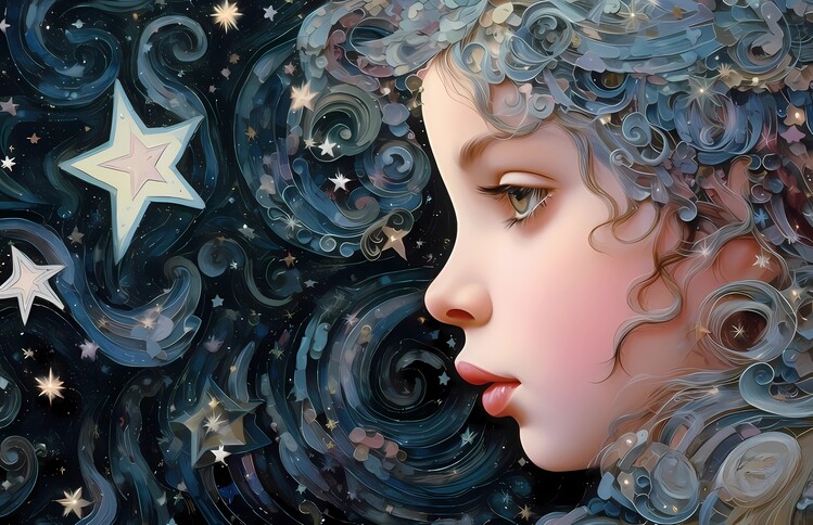 Poster Stardust Whispers: Little Girl as Guardian of the Night Sky