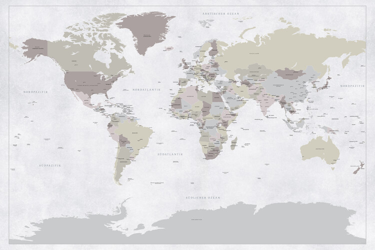 Poster World map with cities in GERMAN, Piet