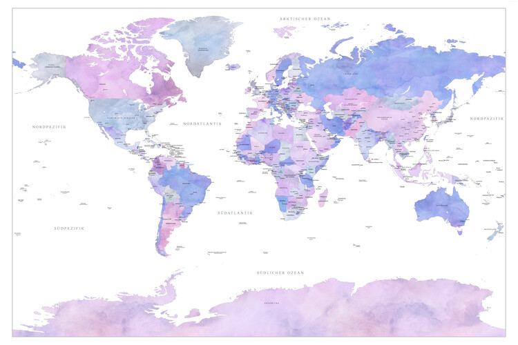 Poster World map with cities in GERMAN, Mila