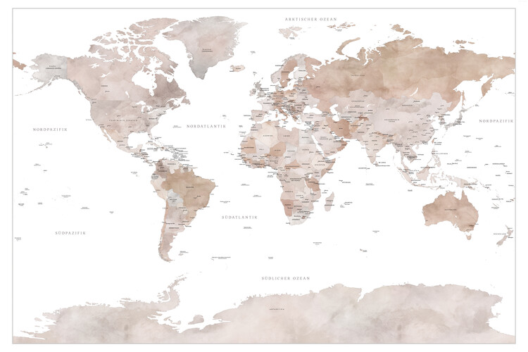 Poster World map with cities in GERMAN, Finn