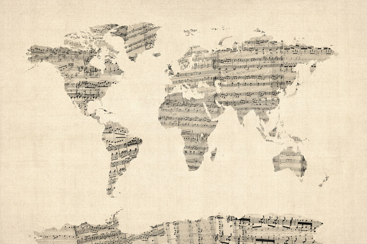 Poster Map of the World Map from Old Sheet Music