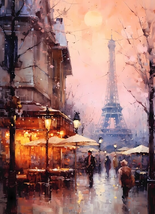 Poster Evoking Romance:  Parisian Art Painting in Champagne Tones