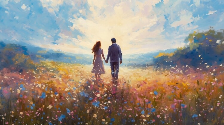 Poster A couple walking together in a field of flowers, marriage
