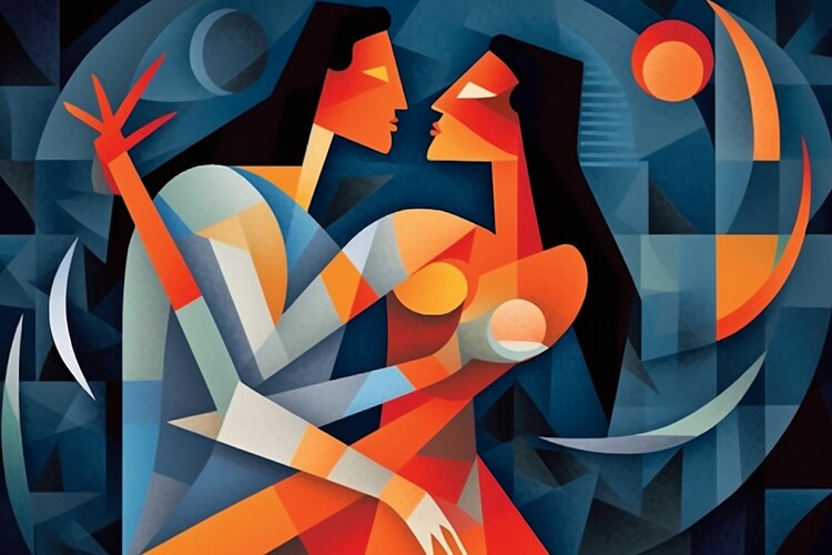 Poster Cubist painting of a couple dancing under the moonlight