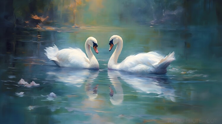 Poster A tranquil, blue-toned painting of a pair of swans swimming