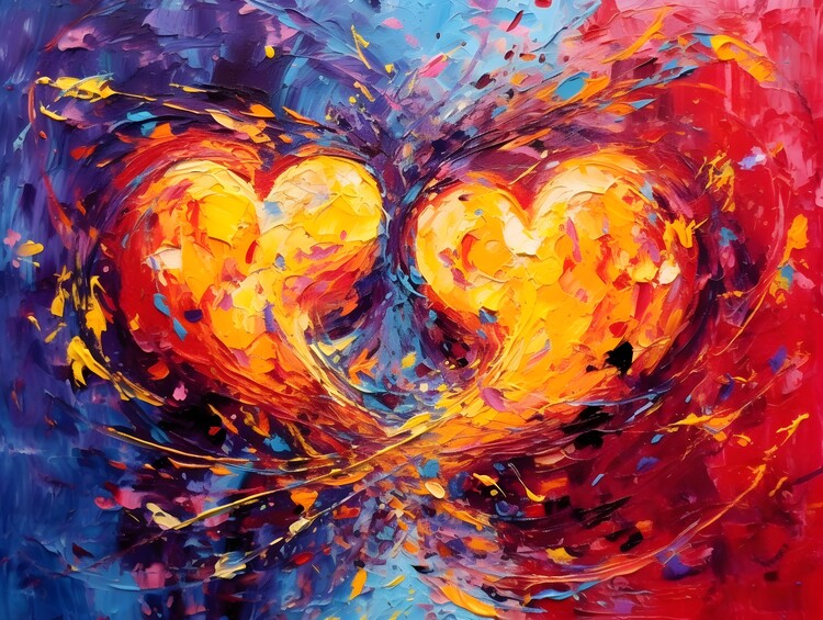Poster Abstract expressionist painting of two hearts merging