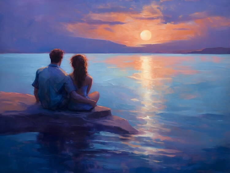 Poster Painting of a couple watching a sunset together