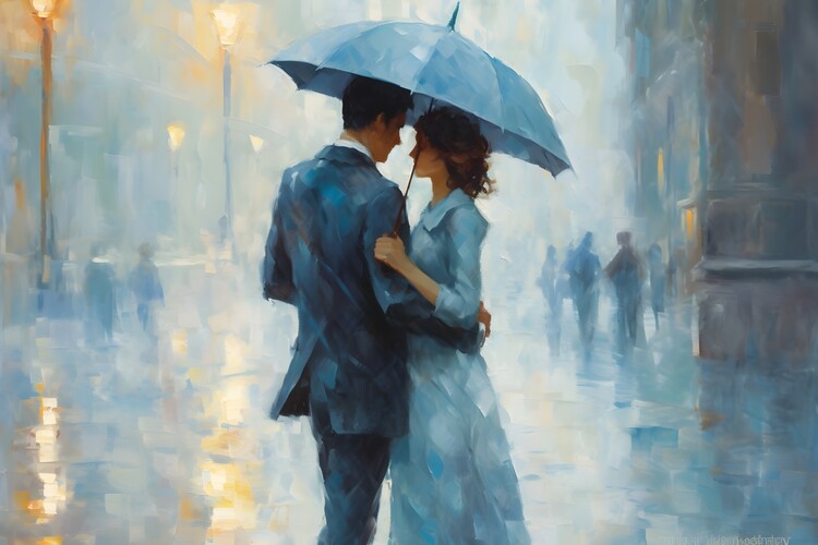 Poster A couple sharing an umbrella in the rain