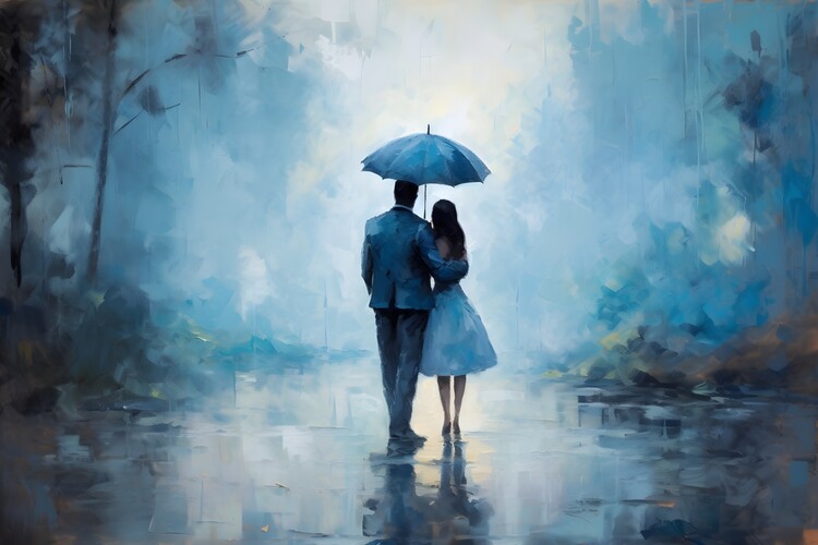 Poster A couple sharing an umbrella in the rain