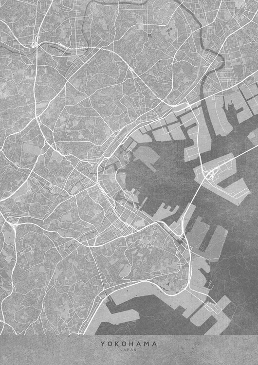 Poster Map of Yokohama center (Japan) in gray vintage style