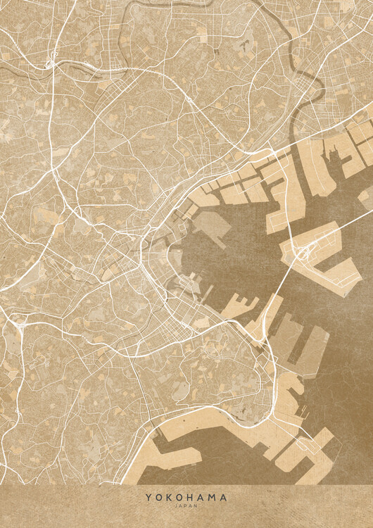 Poster Map of Yokohama center (Japan) in sepia vintage style