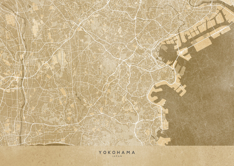 Poster Map of Yokohama (Japan) in sepia vintage style